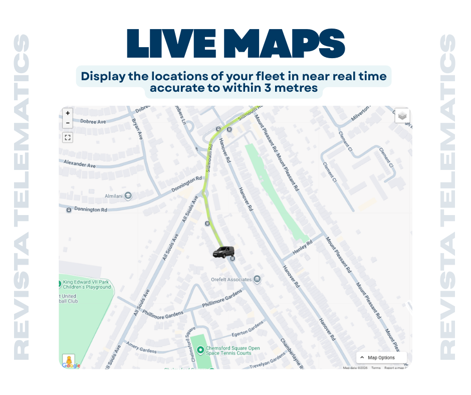 Revista Telematics Fleet Tracker Solution in gallery position 1 showing precise live vehicle location tracking within three meters accuracy