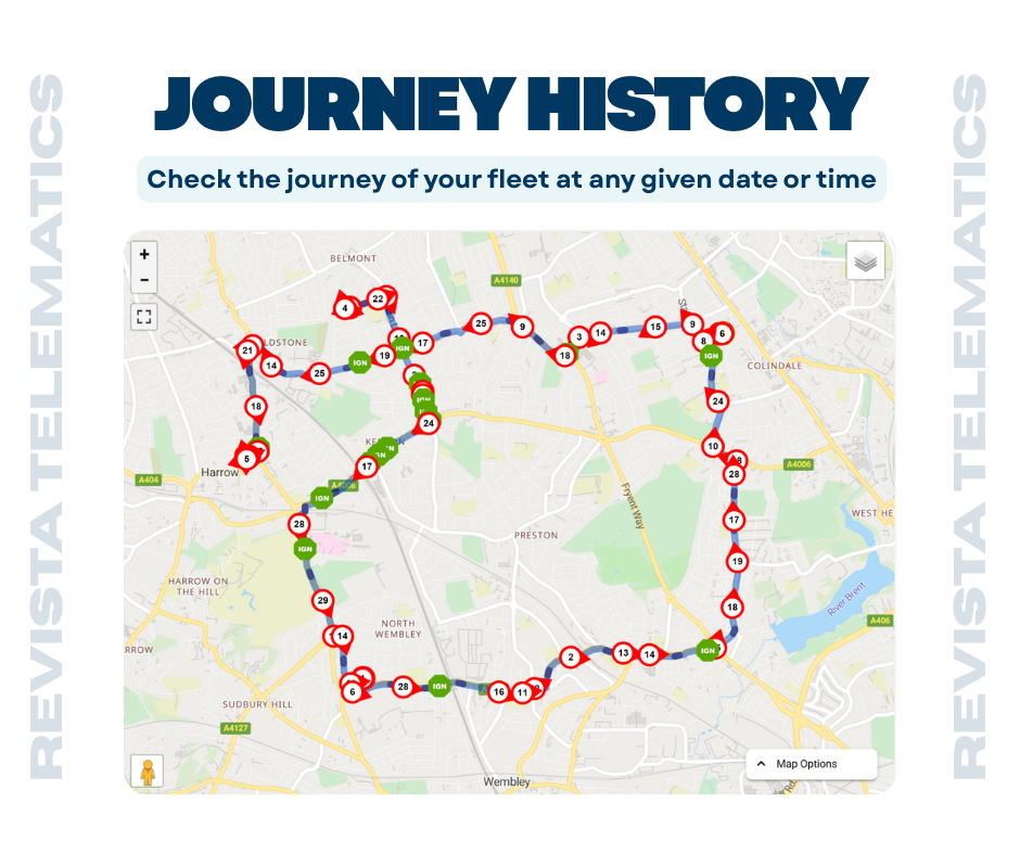Revista Telematics Fleet Tracker Solution in gallery position 1 showing detailed journey history with Thatcham-approved trackers and UK-wide setup