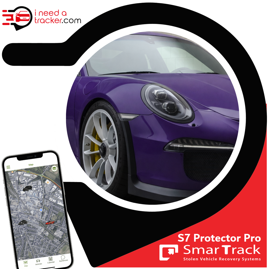 SmarTrack Protector Pro S7 showing purple sports car front detail gallery position 1 with 24/7 monitored UK tracking system